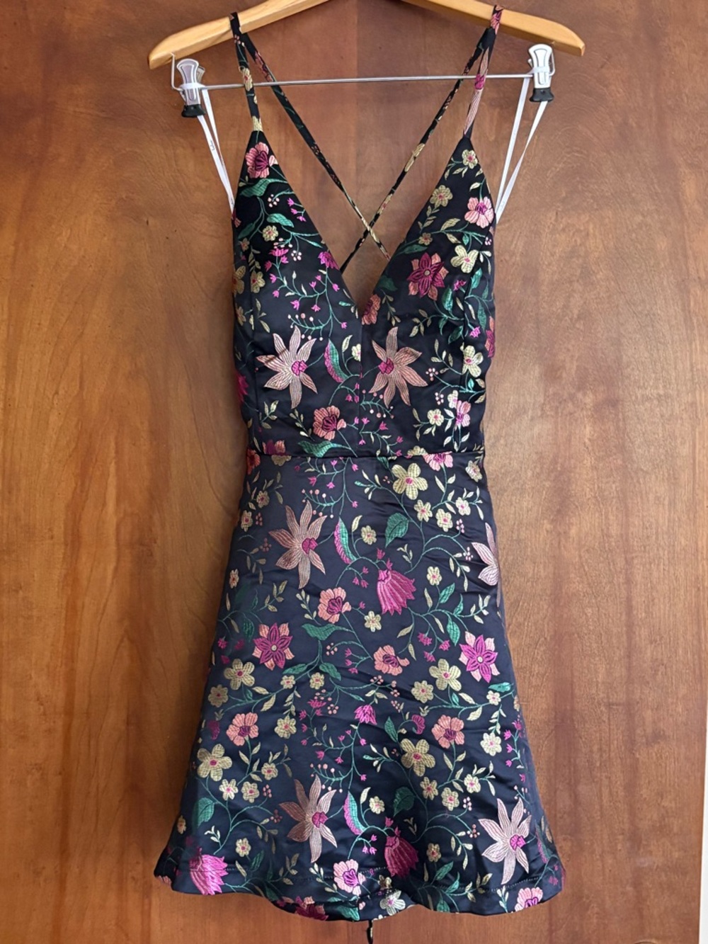 Lulu's Black Floral V-Neck Mini Dress with Pink & Green Accents